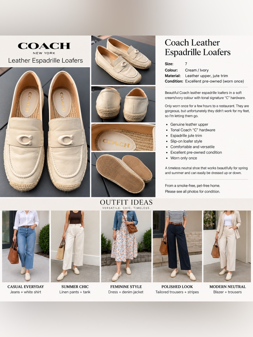 Coach Cream Leather Espadrille Loafers with Tonal 'C'